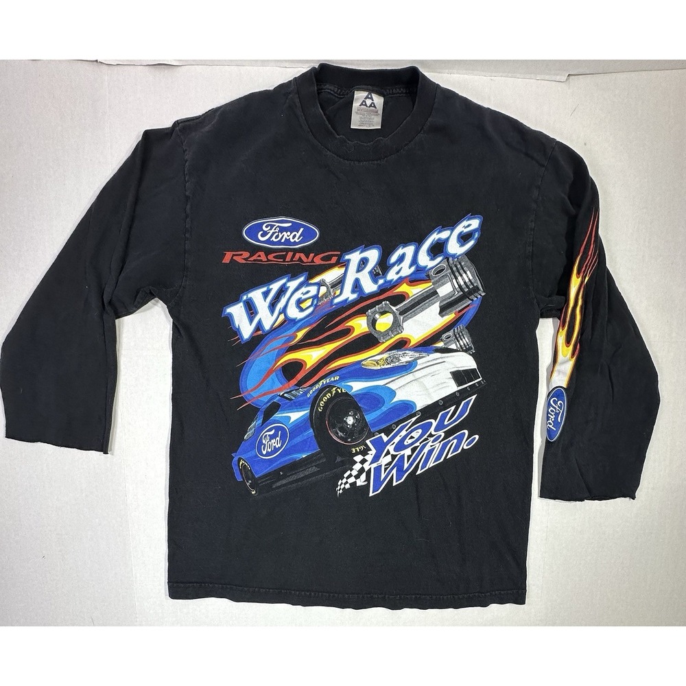 Vintage Ford Racing Long Sleeve Shirt Flames Car Graphic Black L Alstyle USA
